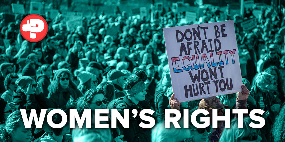 Photo of a women's rights march with the words "Women's Rights" over it