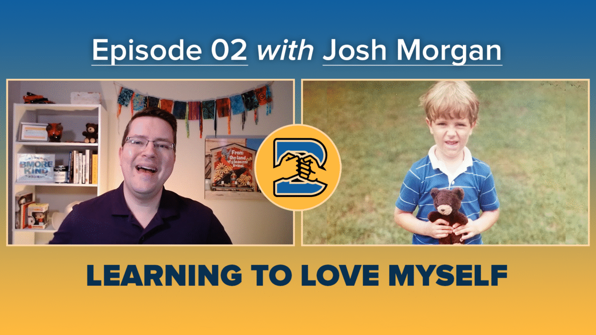 Photo of "Little Josh", a White boy, with adult Josh and the podcast's logo