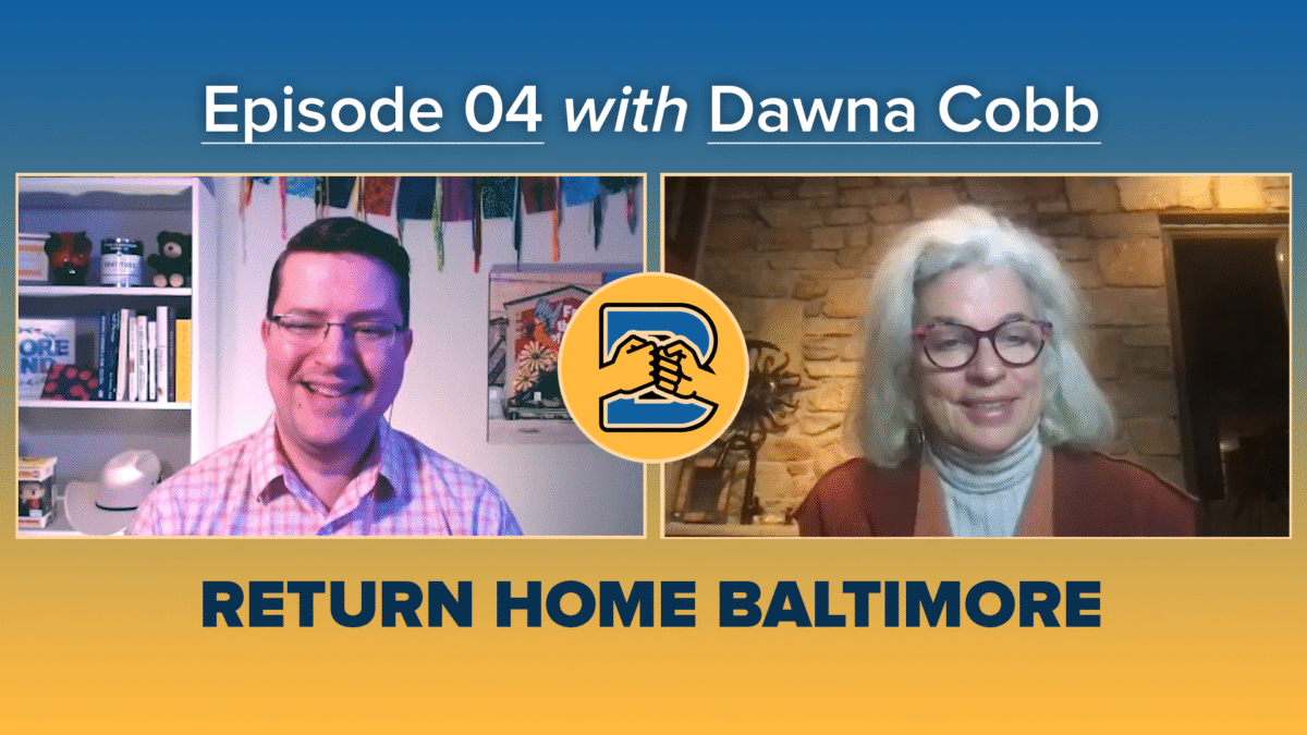 Photo of Dawna Cobb, a White woman, with Josh and the podcast's logo