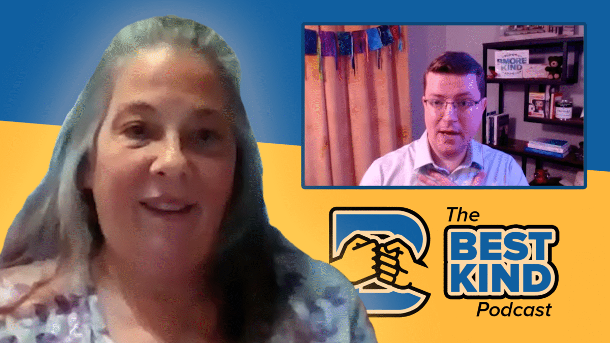 Photo of Jacque Gutman, a White woman, with Josh and the podcast's logo